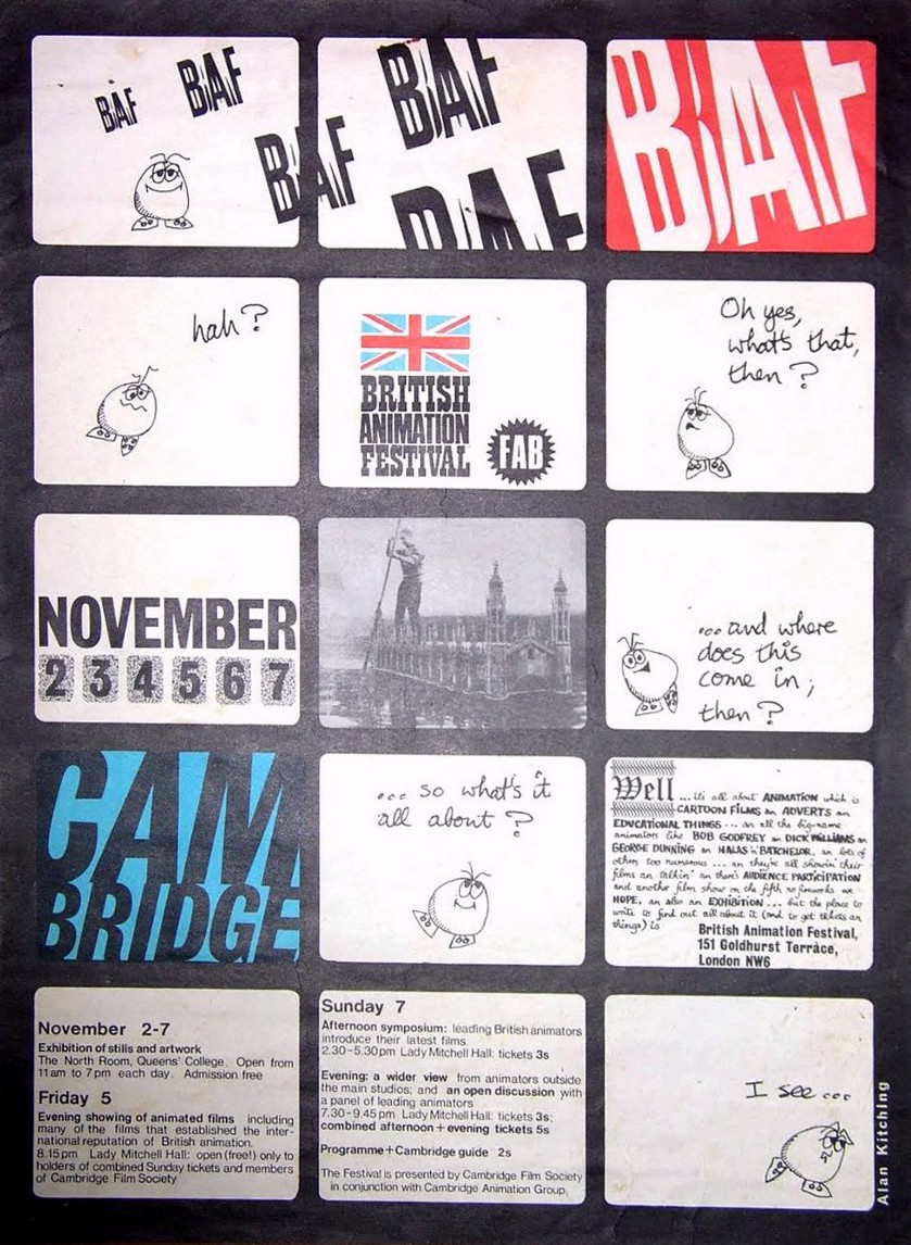 Poster for the British Animation Festival, Cambridge, November 2 to 7 1965: a grid of panels with BAF lettering, a small cartoon creature asking what it's all about, a punt in front of King's College Chapel, and the programme